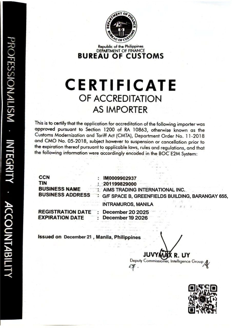 Certificate of Accreditation as Importer