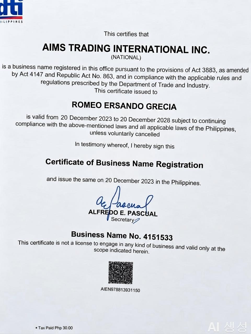 Certificate of Business Name Registration